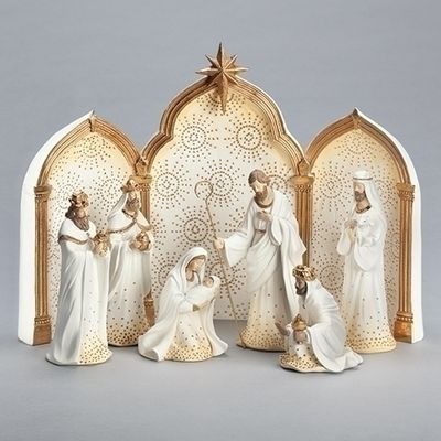 Gold Dot Ivory Nativity 9pc Set