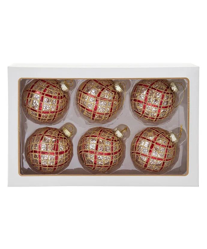 Silver and Red Plaid Ball Box of 6
