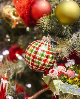 Red Green Plaid Glass Ball Ornament