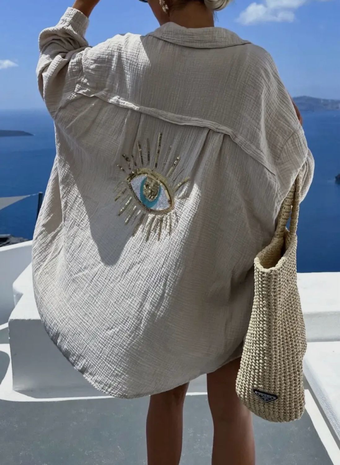 Cotton Gauze Button Down With Evil Eye Detail