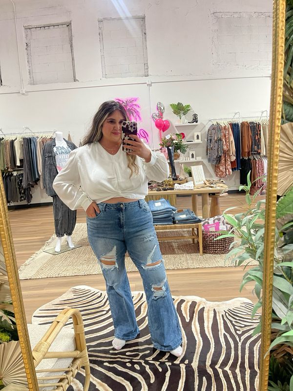 Acid Wash Distressed Wide Leg Jean