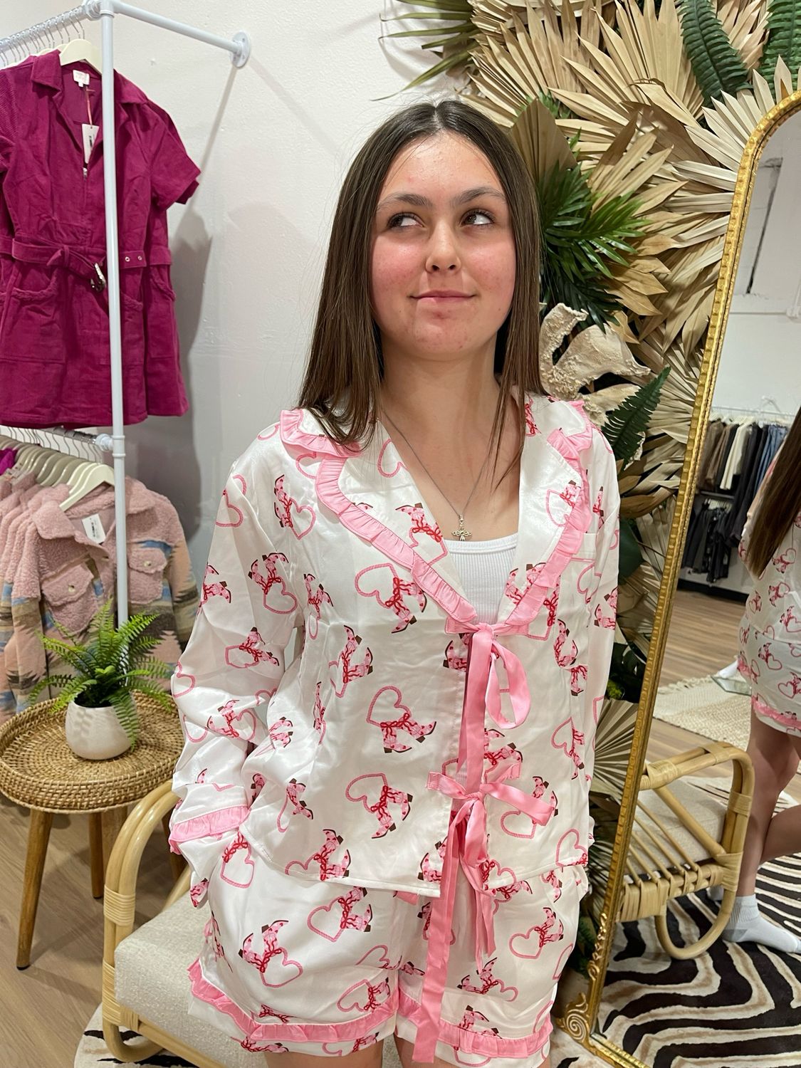 Satin Western Boots and Hearts Ruffle PJ Set