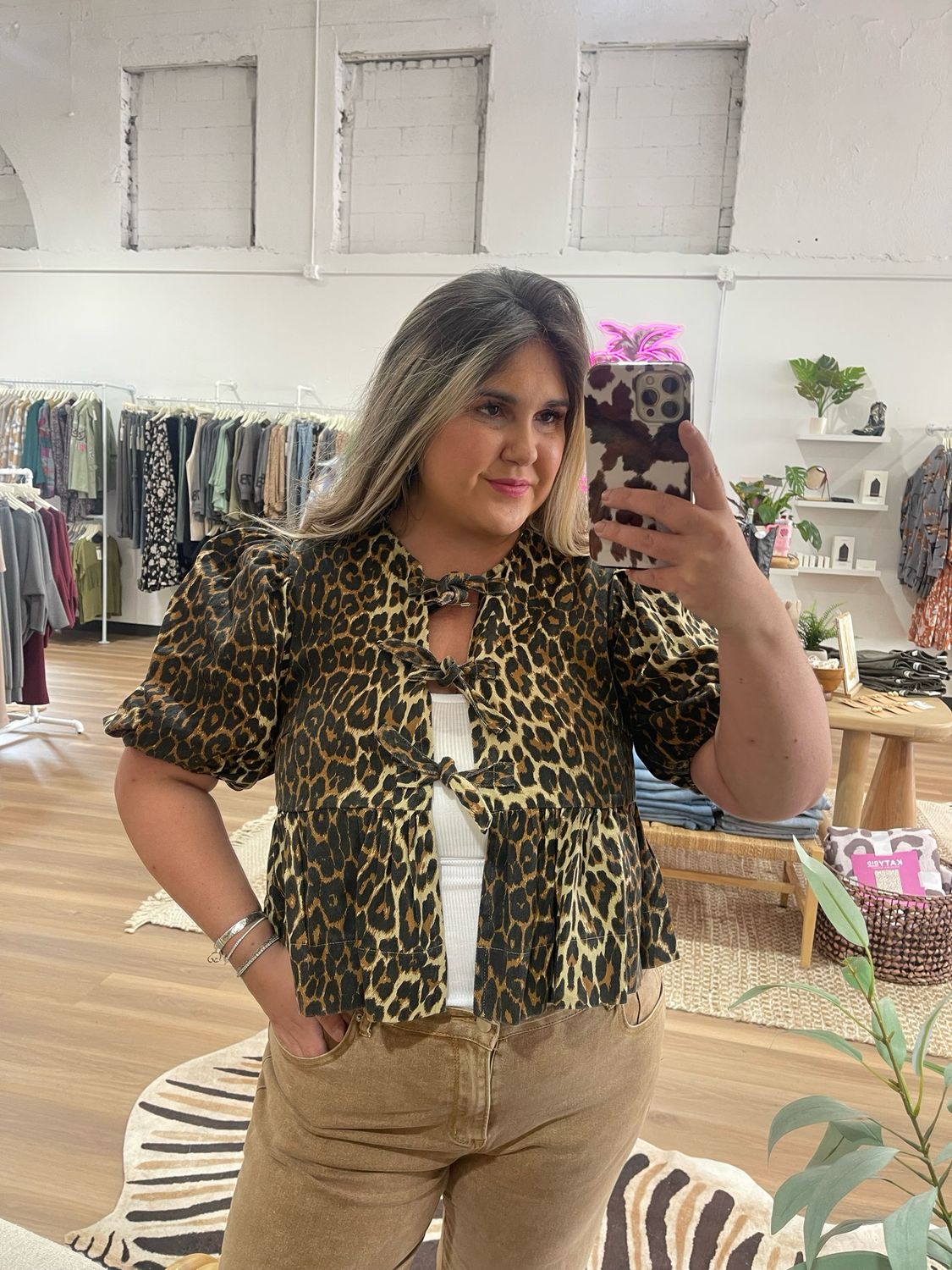Nora Denim Leopard Blouse