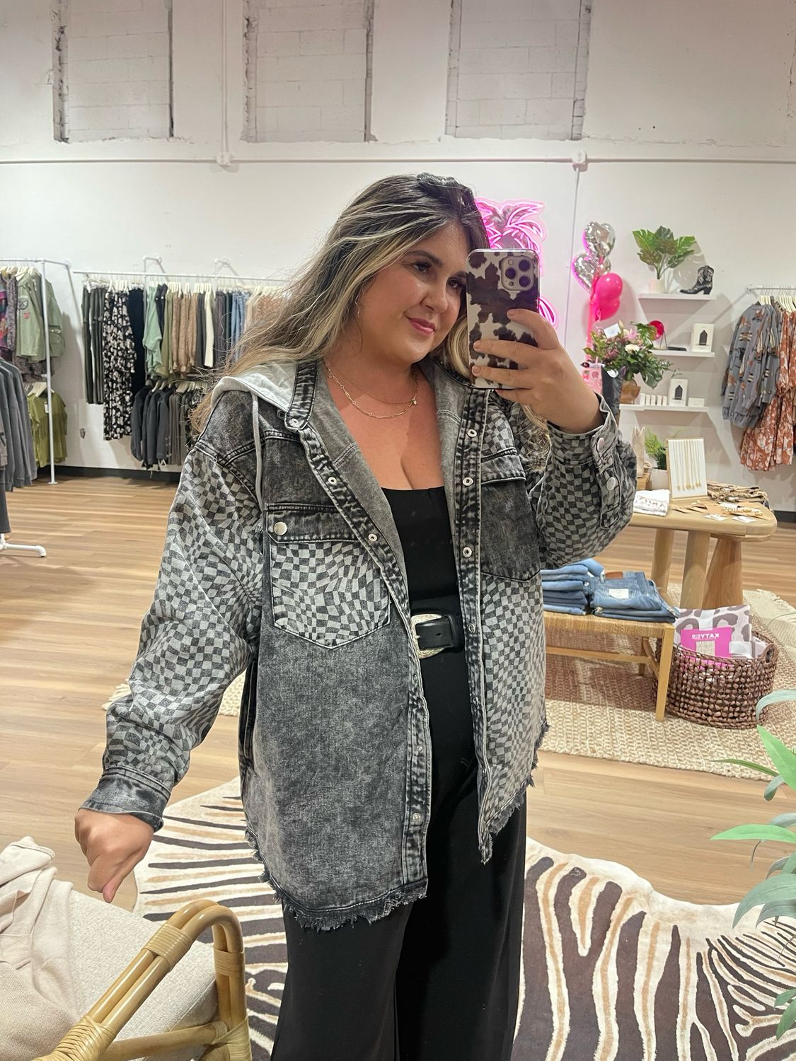 Checkered Fray Hemmed Hoodie Denim Jacket