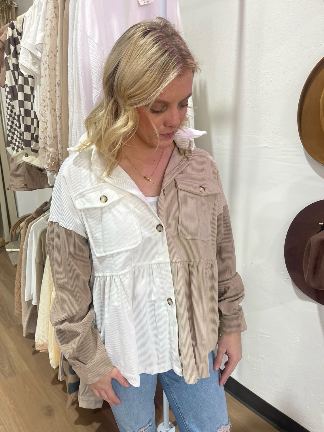 Corduroy Colorblock Button Up Shacket