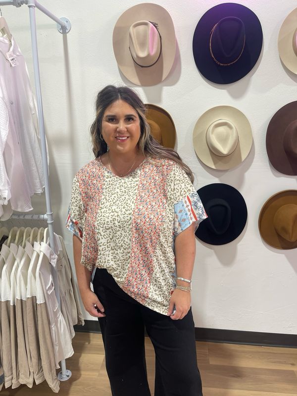 Colorblock Leopard and Floral Bat Wing Top