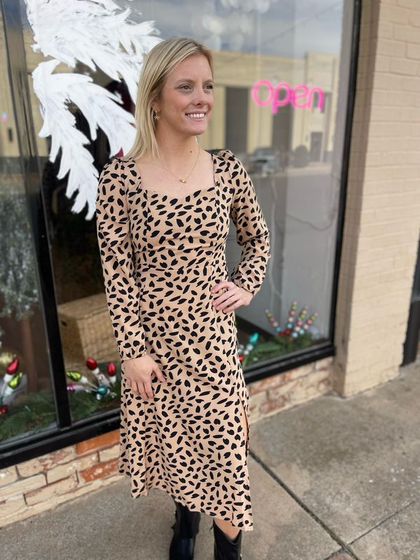 Square Neck Leopard Print Long Sleeve Dress