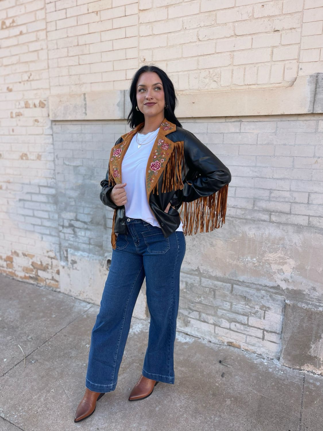 Faux Leather Embroidery Fringe Jacket