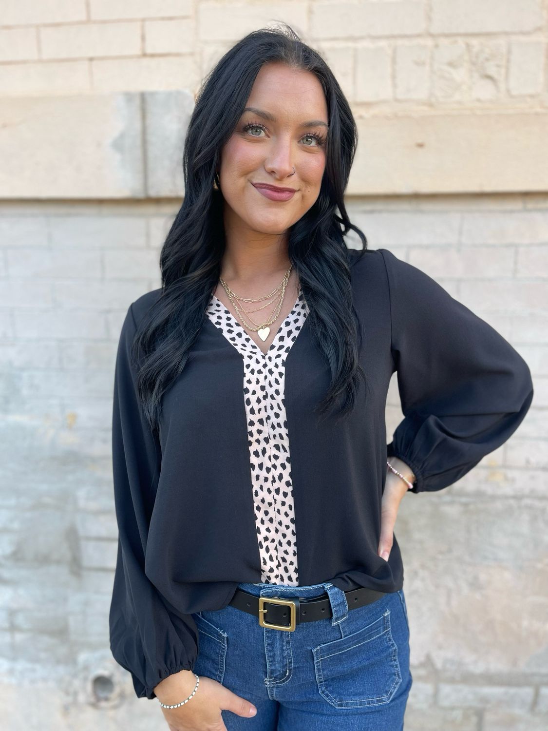 Leopard Detail Long Sleeve Blouse