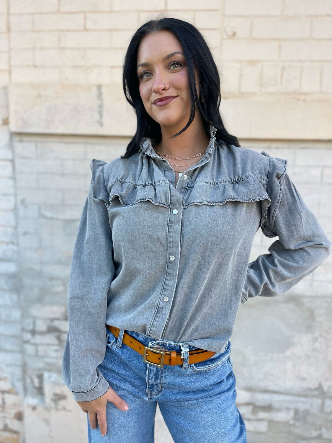 Ruffle Button Up Denim Shirt