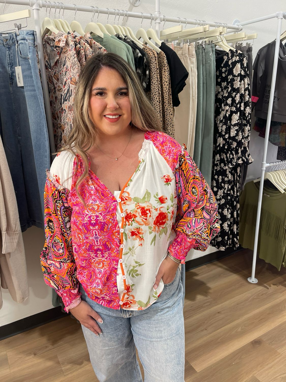 Floral Patchwork Buttoned V Neck Blouse
