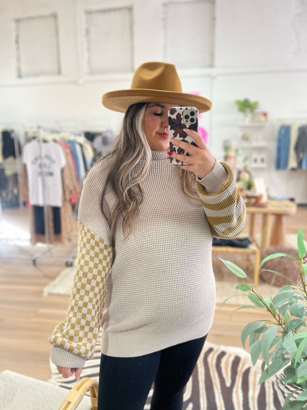 Stripe Plaid Patchwork Waffle Turtleneck