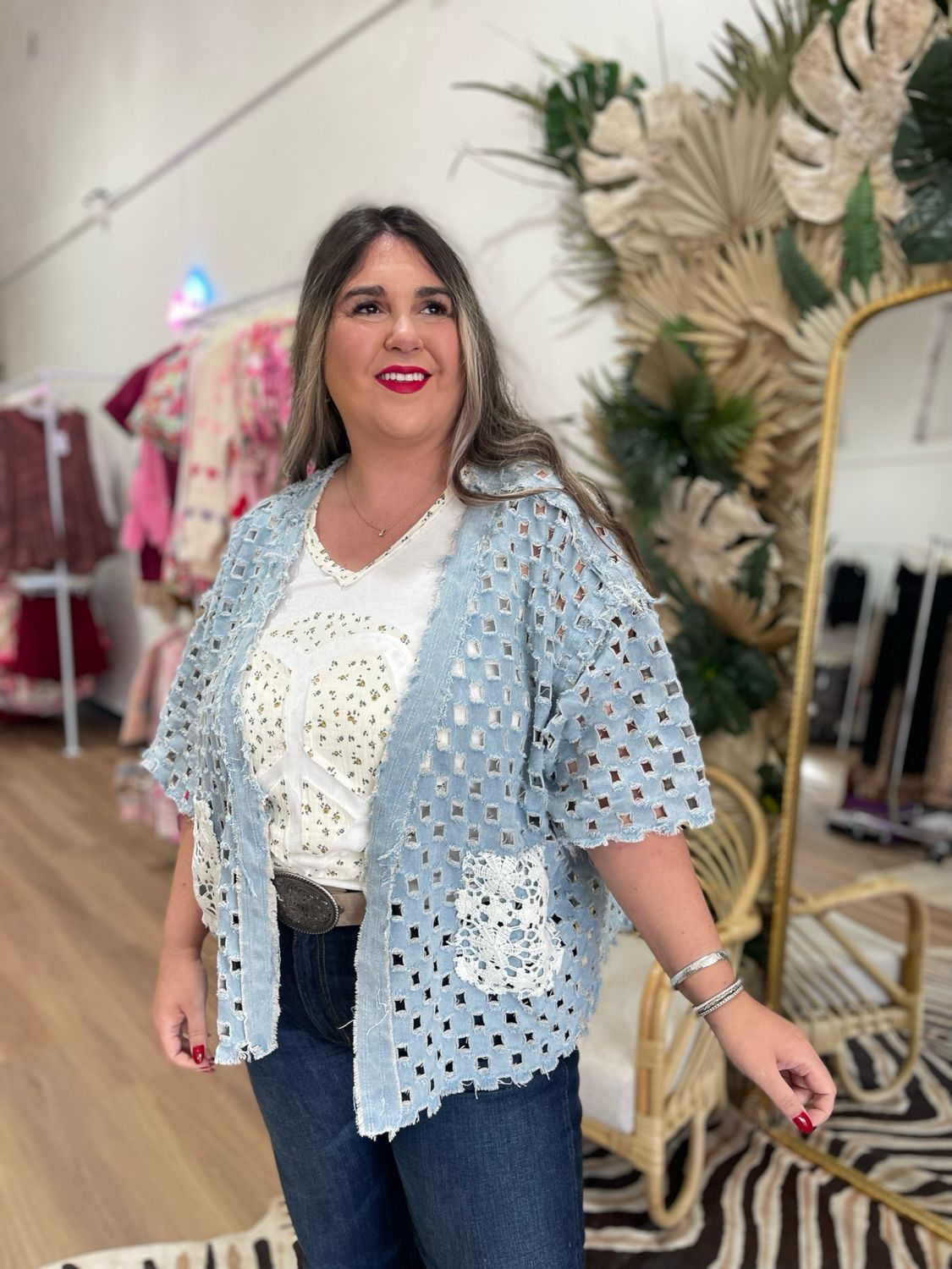 Lazer Cut Denim Cardigan