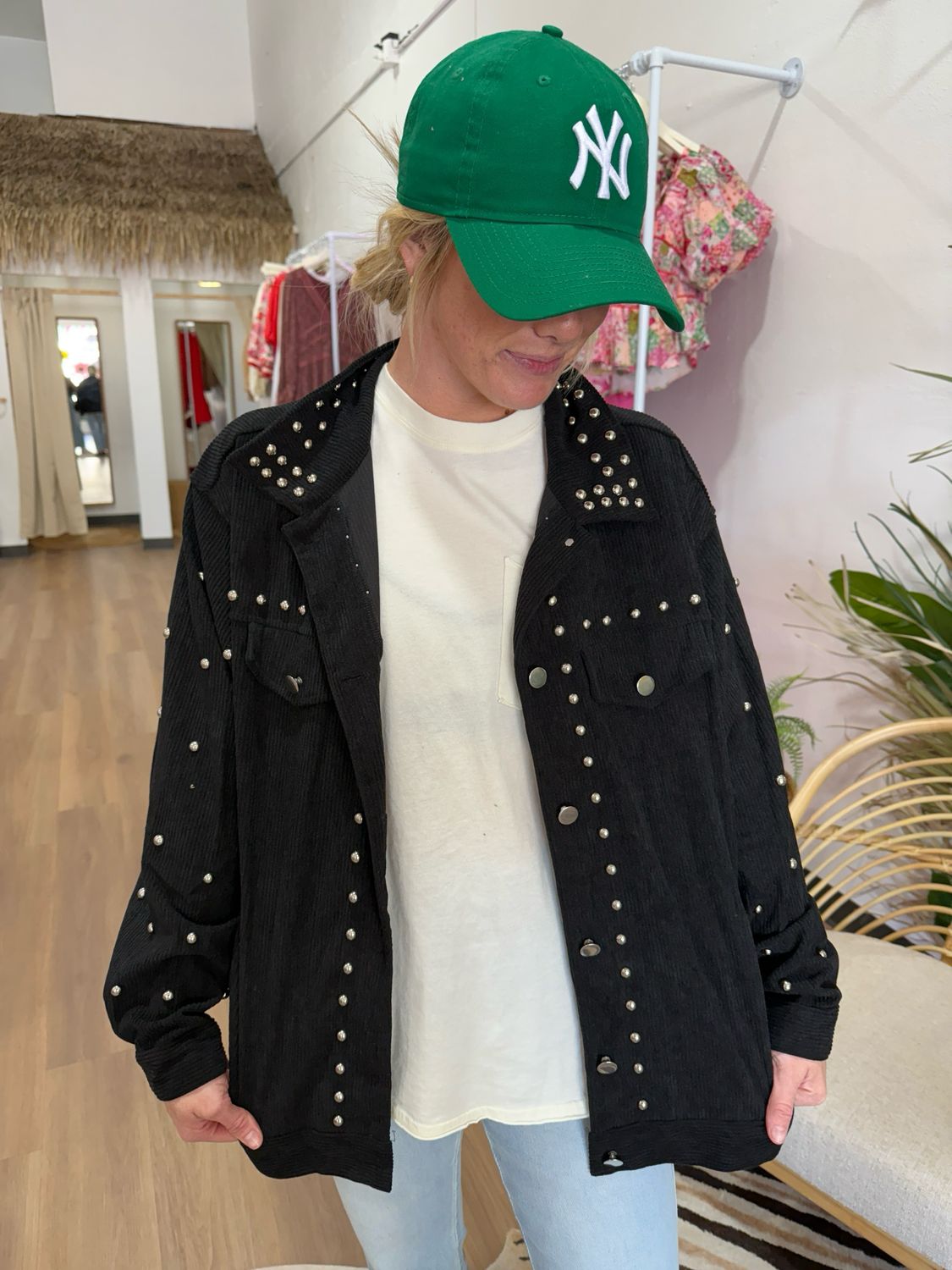 Studded Collared Button Down Corduroy Jacket