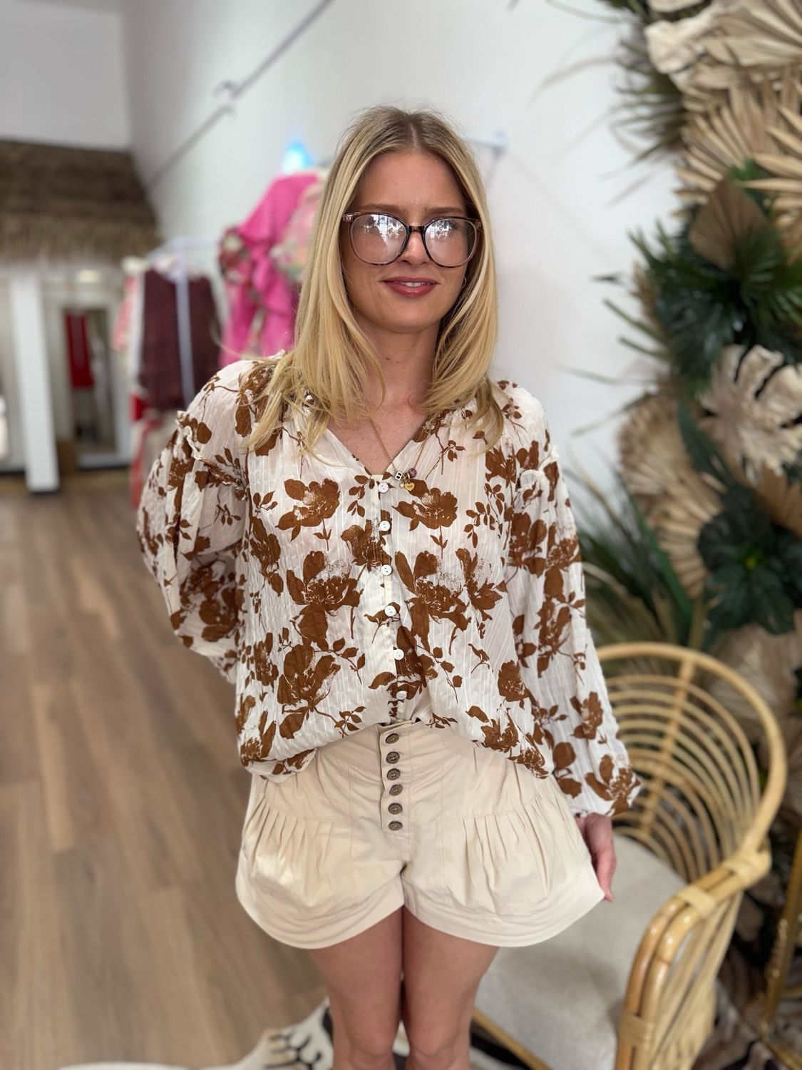 Floral Crinkle Sleeve Blouse