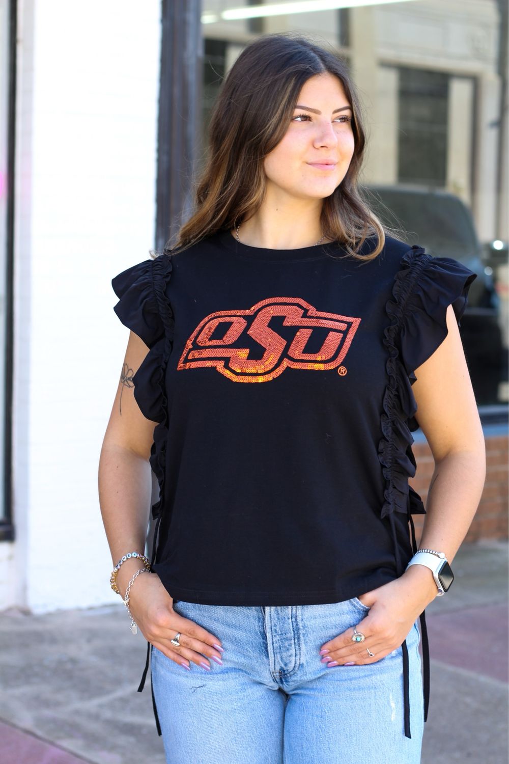OSU Varsity Ruffle Top