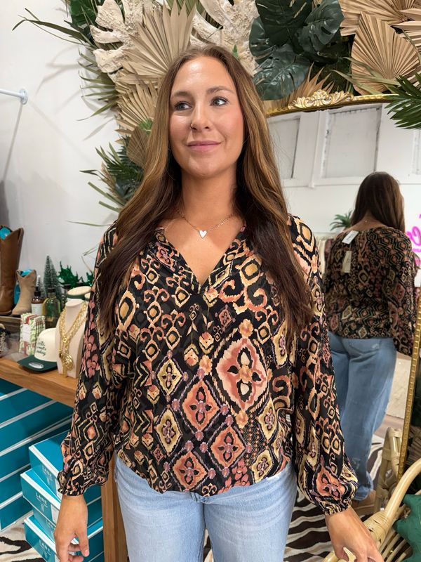 Long Sleeve Split Neck Raglan Blouse