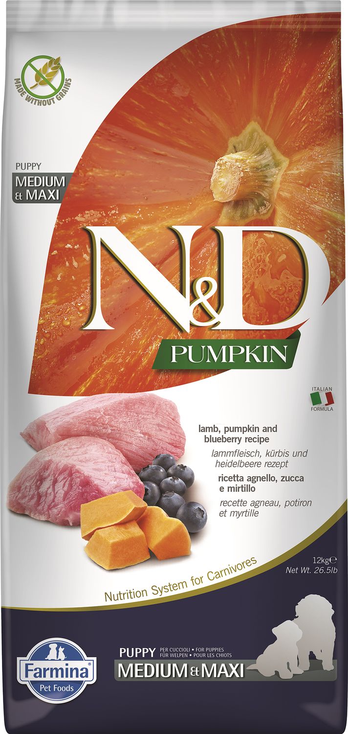 Farmina N&amp;D Pumpkin Lamb Blueberry Puppy Med &amp; Maxi Grain Free 26.4#