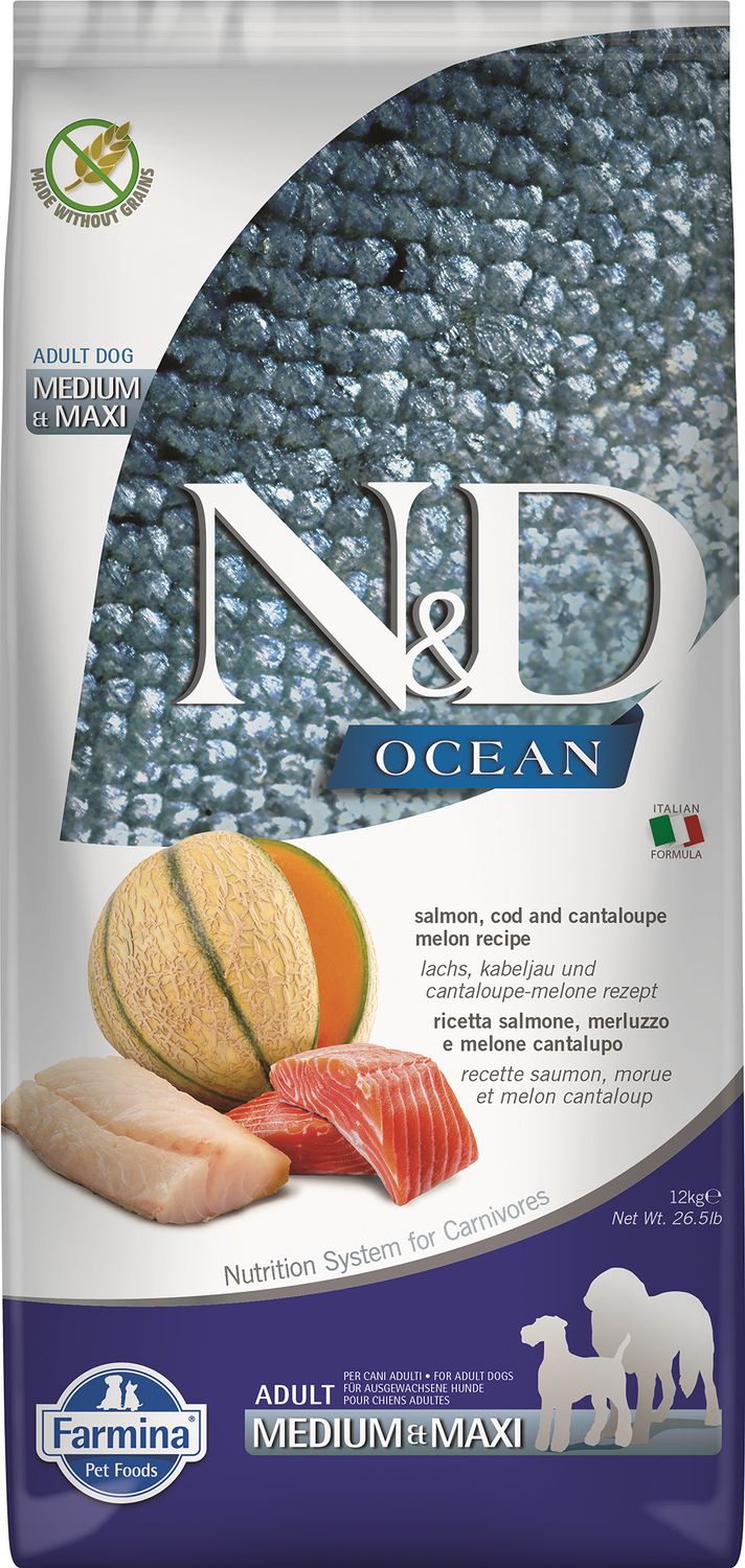 Farmina N&amp;D Ocean Salmon Cod Cantaloupe Adult Med &amp; Max 26.4#
