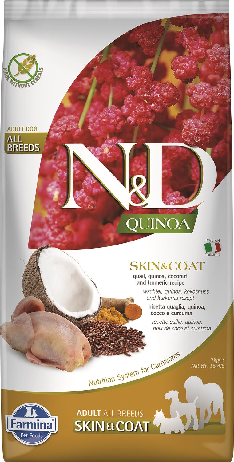 Farmina N&amp;D Quinoa Skin &amp; Coat Quail Coconut Turmeric Adult Grain Free 15.4#