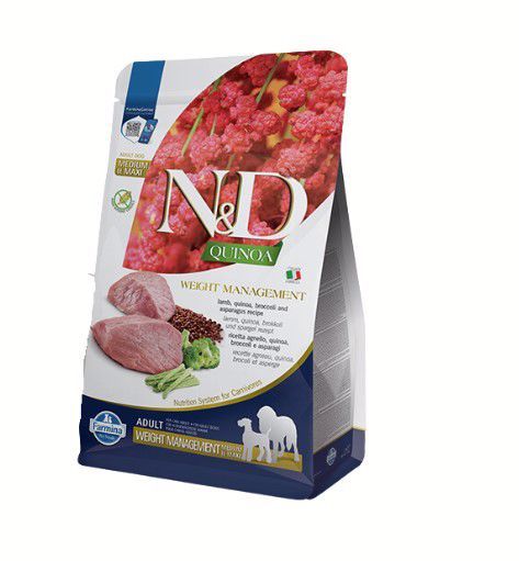 Farmina N&amp;D Quinoa Weight Management Lamb Broccoli Asparagus Adult Med &amp; Max Grain Free 15.4#