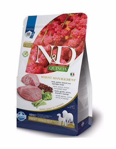 Farmina N&amp;D Quinoa Weight Management Lamb Broccoli Asparagus Adult Med &amp; Max Grain Free 5.5#