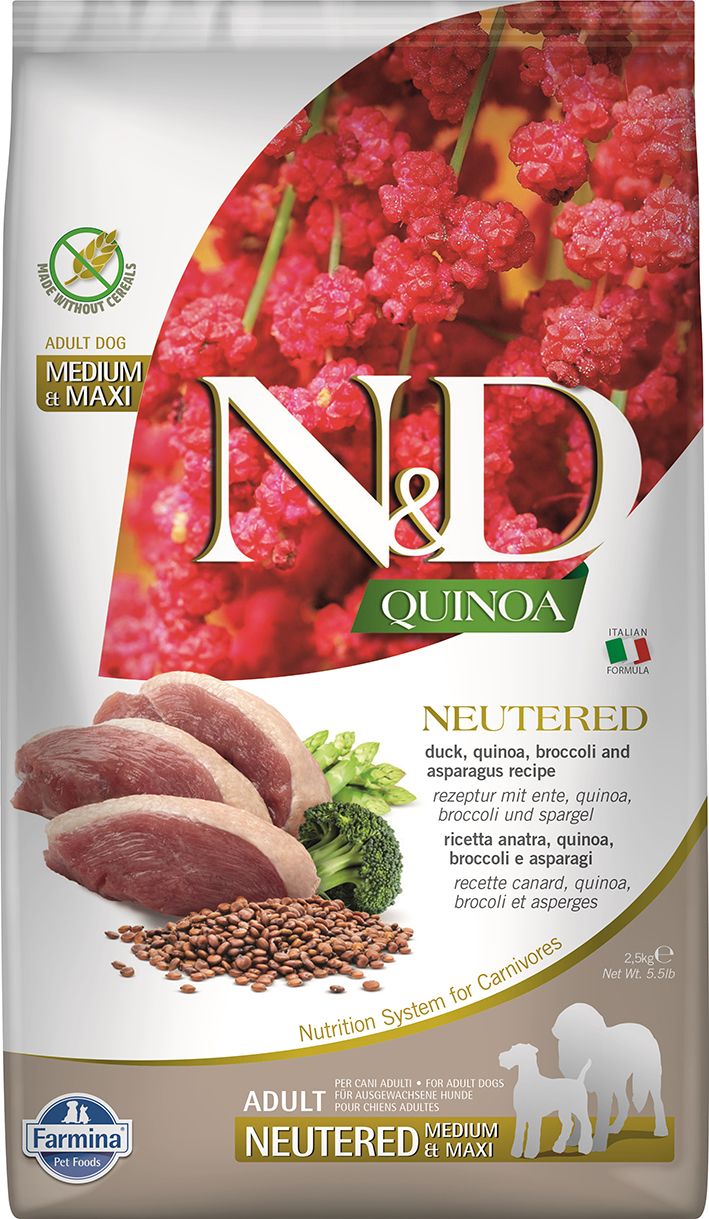 Farmina N&amp;D Quinoa Neutered Duck Broccoli Asparagus Med &amp; Max Grain Free 5.5#