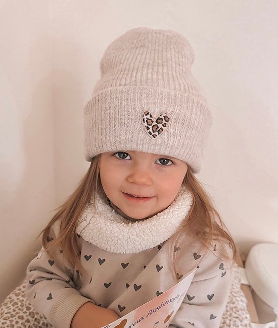 Bonnet Enfant BEIGE coeur brodé léopard
