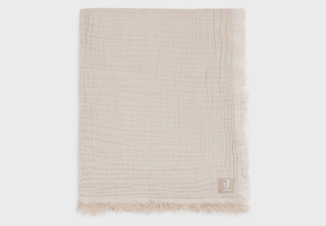 Couverture Berceau Gaze De Coton 75x100cm Fringe Stripe - Biscuit