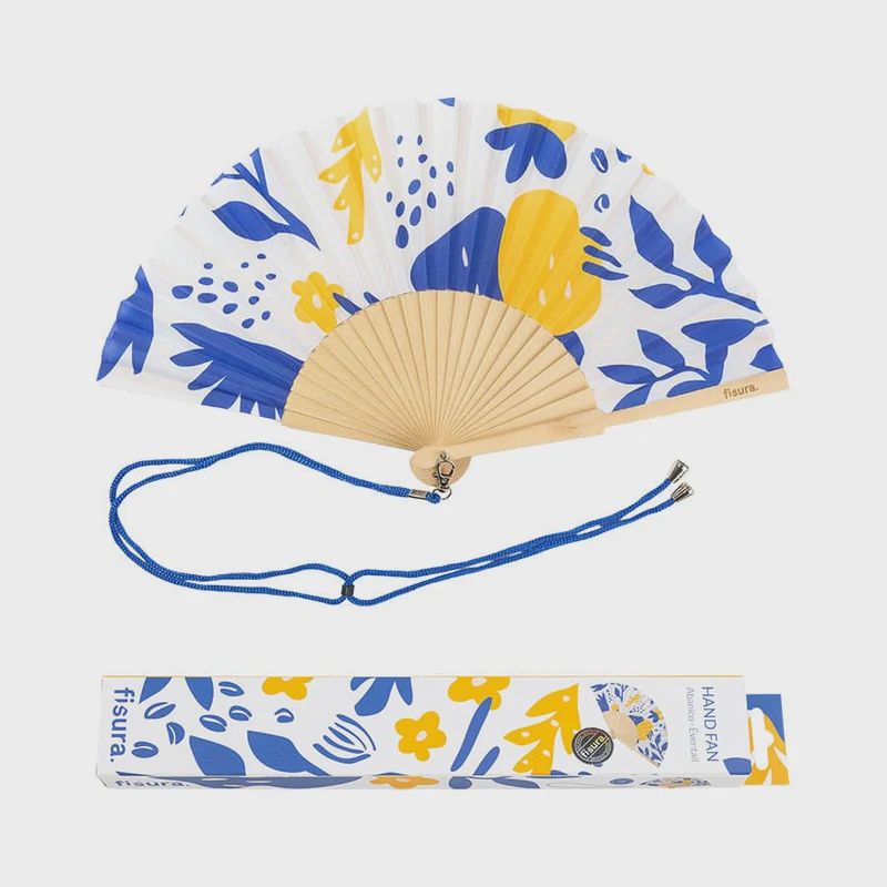 Éventail &quot;fleurs&quot; bleu et jaune