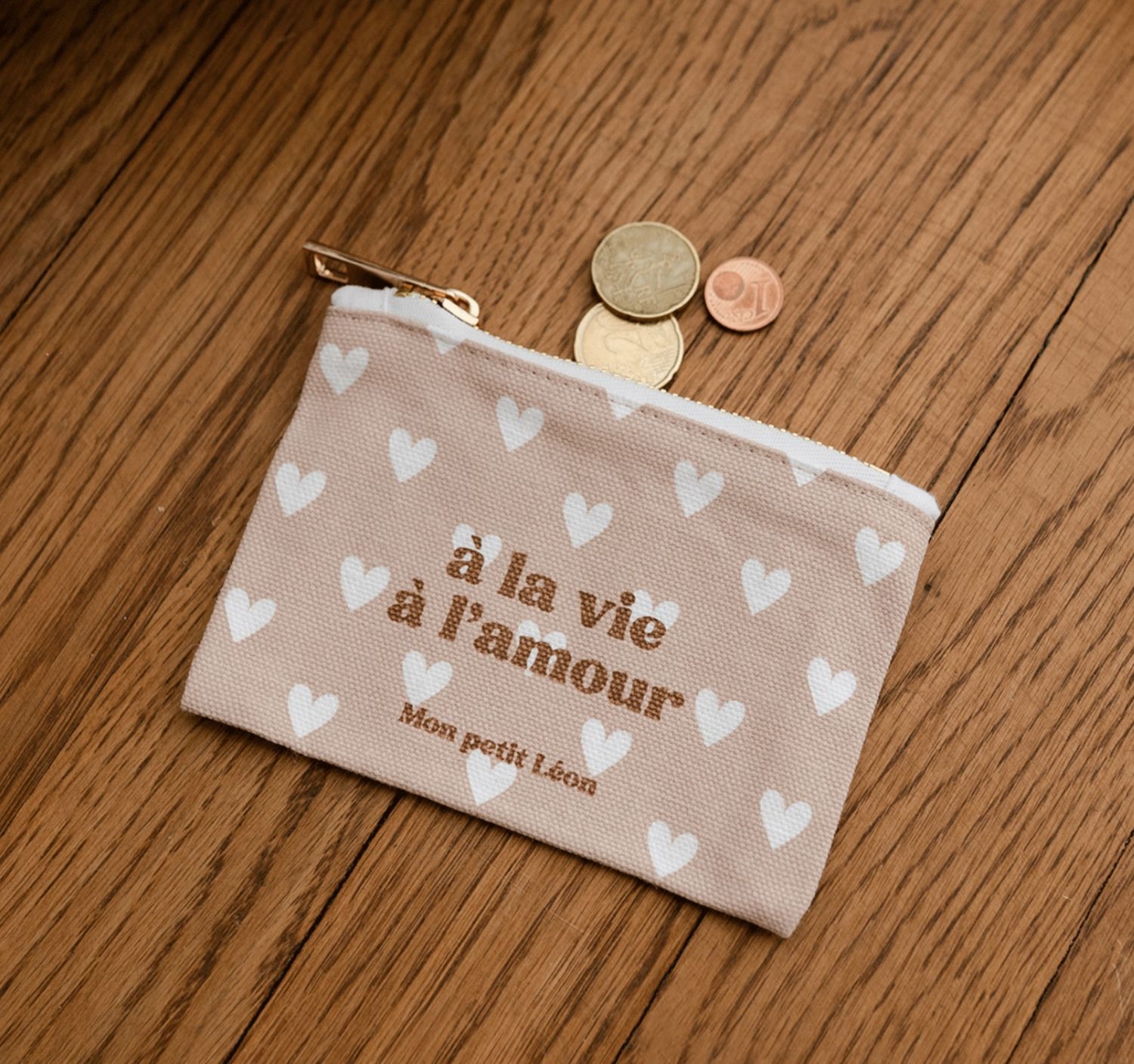 Porte-monnaie coton - Cœur beige , à la vie à l’amour