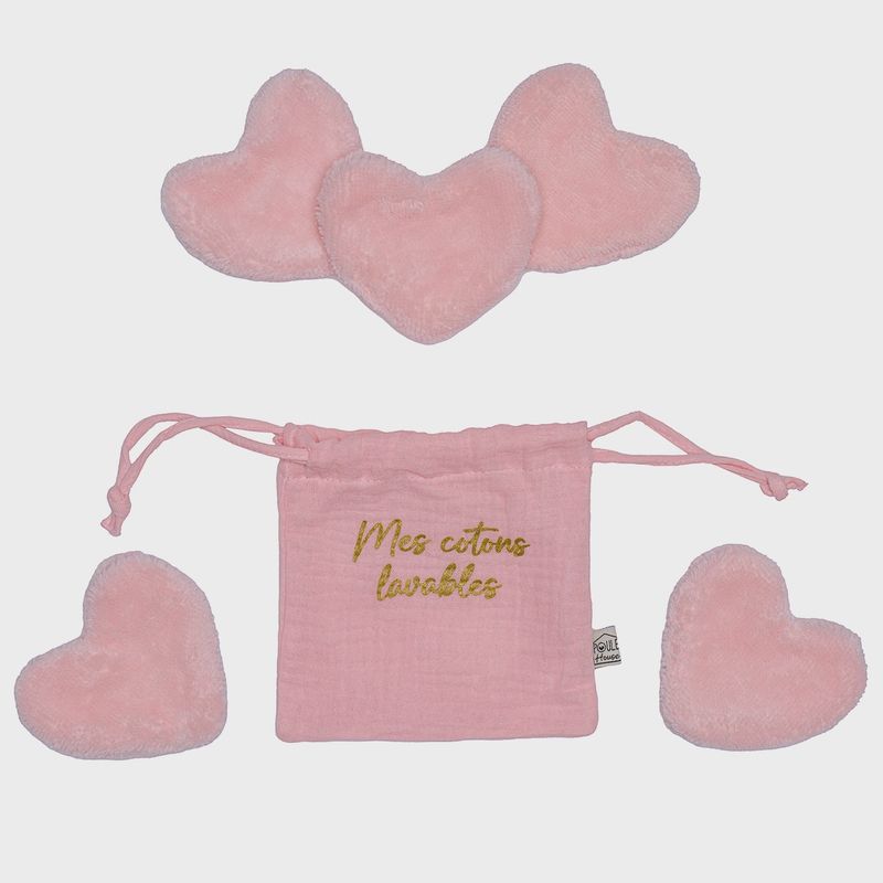 Set 5 cotons lavables forme cœur dans pochon - dragée