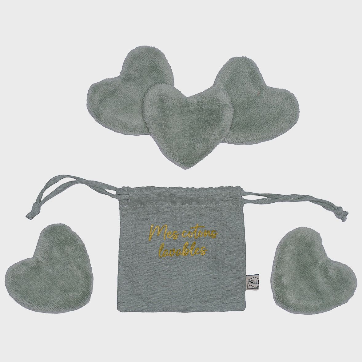 Set 5 cotons lavables forme cœur dans pochon - sauge