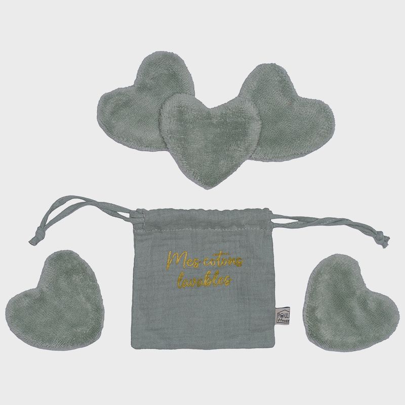 Set 5 cotons lavables forme cœur dans pochon - sauge