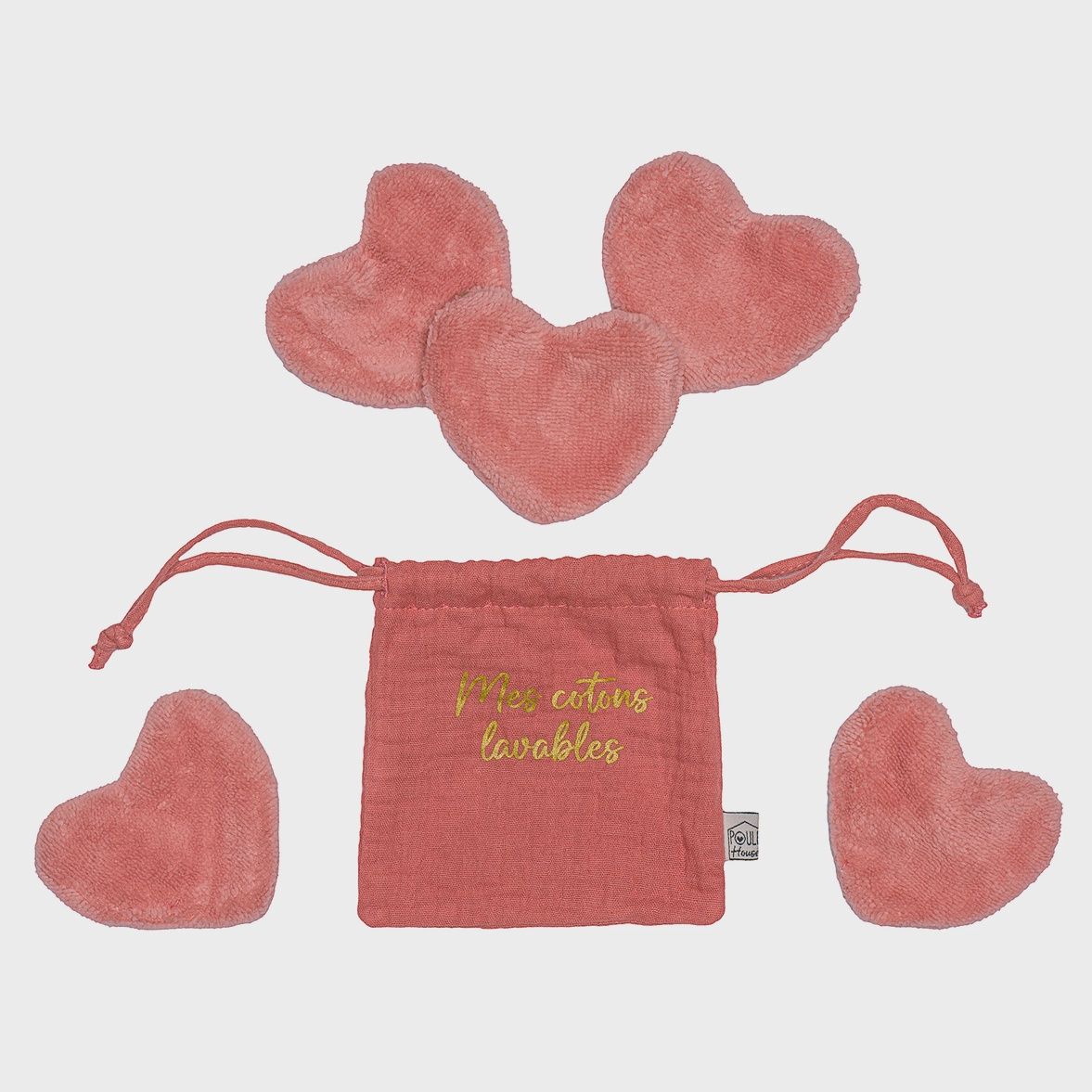 Set 5 cotons lavables forme cœur dans pochon - terracotta