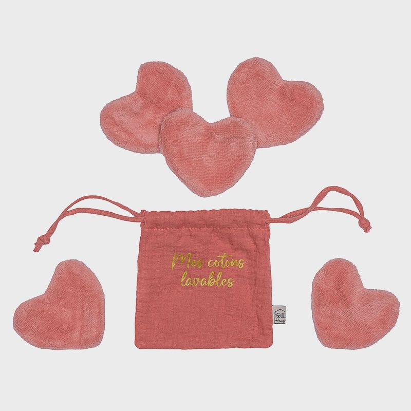 Set 5 cotons lavables forme cœur dans pochon - terracotta