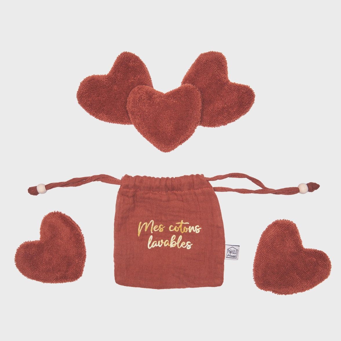 Set 5 cotons lavables forme cœur dans pochon - toffee