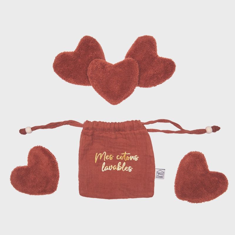 Set 5 cotons lavables forme cœur dans pochon - toffee