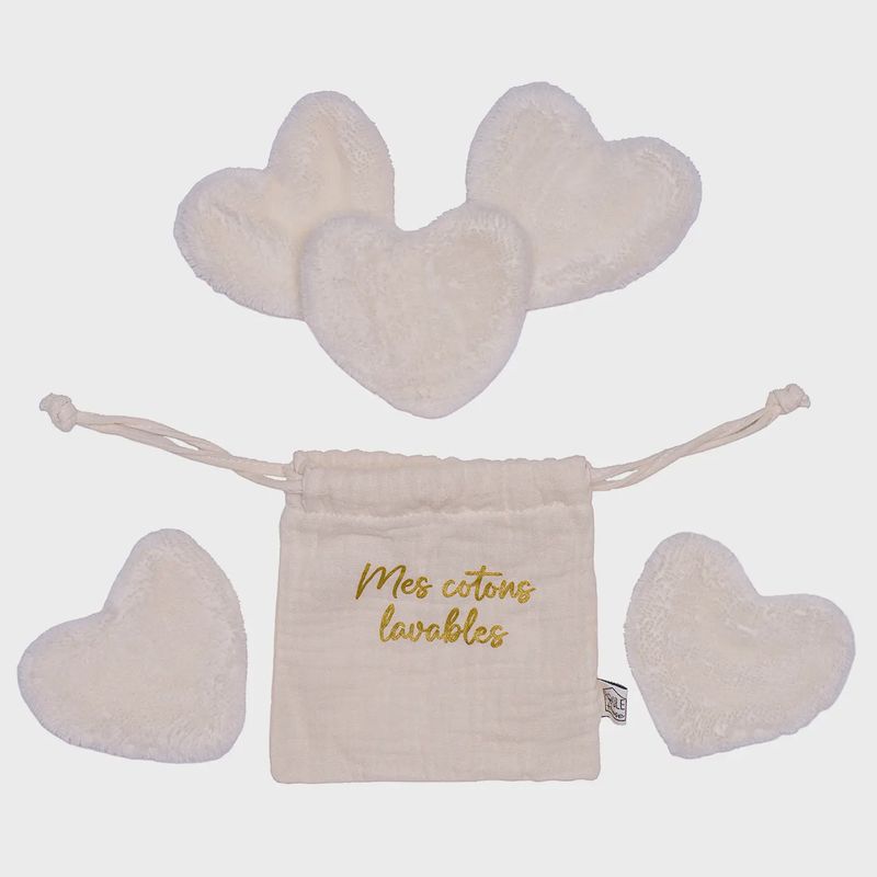 Set 5 cotons lavables forme cœur dans pochon - lait