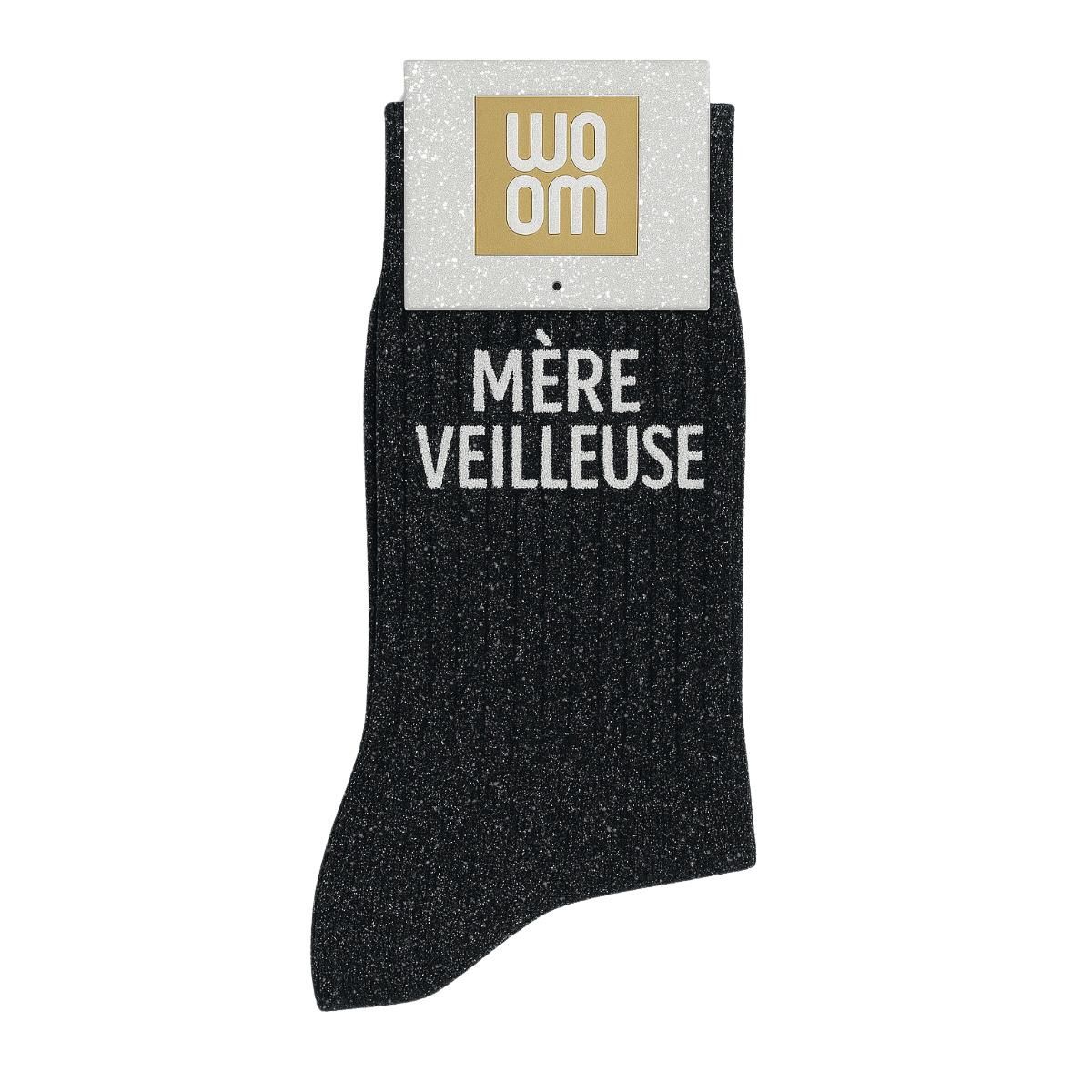 Chaussettes à Paillettes à Message "Mère Veilleuse" Noir