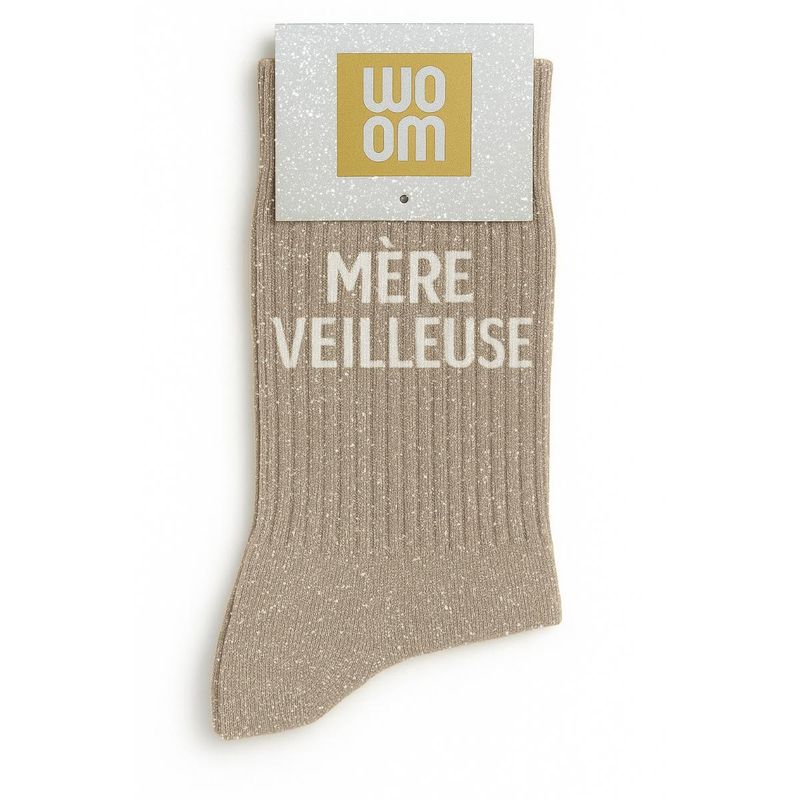 Chaussettes à Paillettes à Message "Mère Veilleuse" Beige