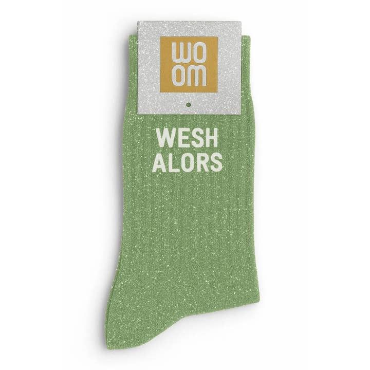 Chaussettes à Paillettes à Message "Wesh Alors" Vert Amande