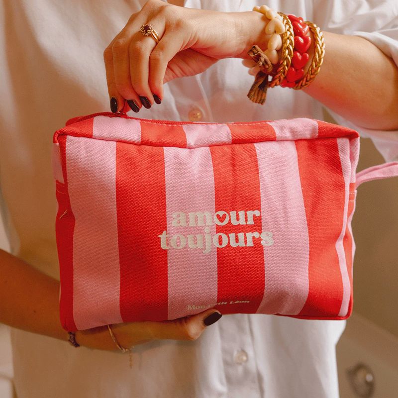 Trousse de toilette coton - Rayures rose et rouge, Amour toujours