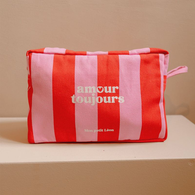 Trousse de toilette coton - Rayures rose et rouge, Amour toujours