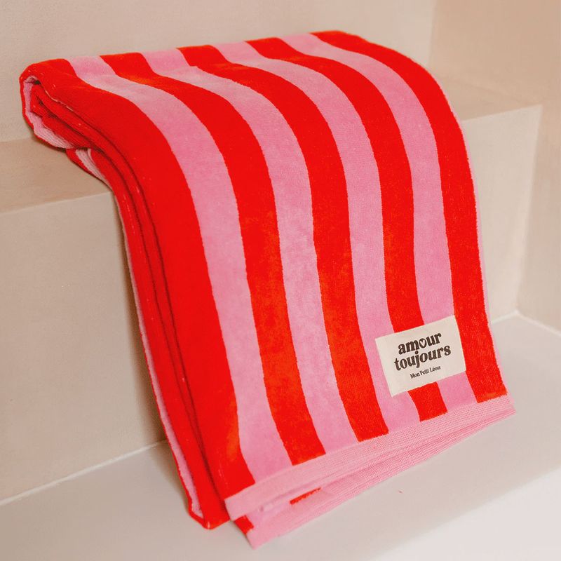 Serviette de bain - Rayures rose et rouge