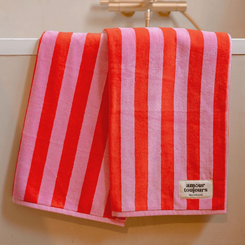 Serviette de bain - Rayures rose et rouge