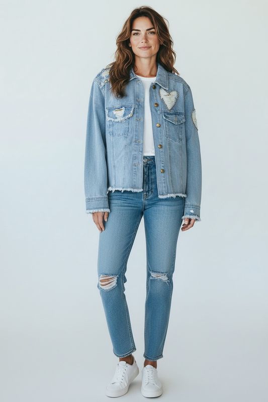 Veste Denim à Détails Cœur