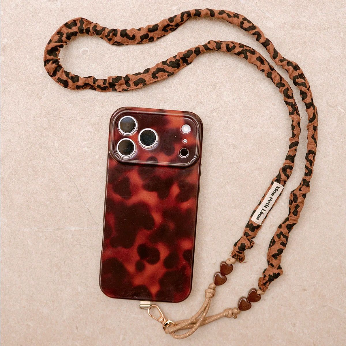Sangle de téléphone Billie - Léopard Marron cordon Beige