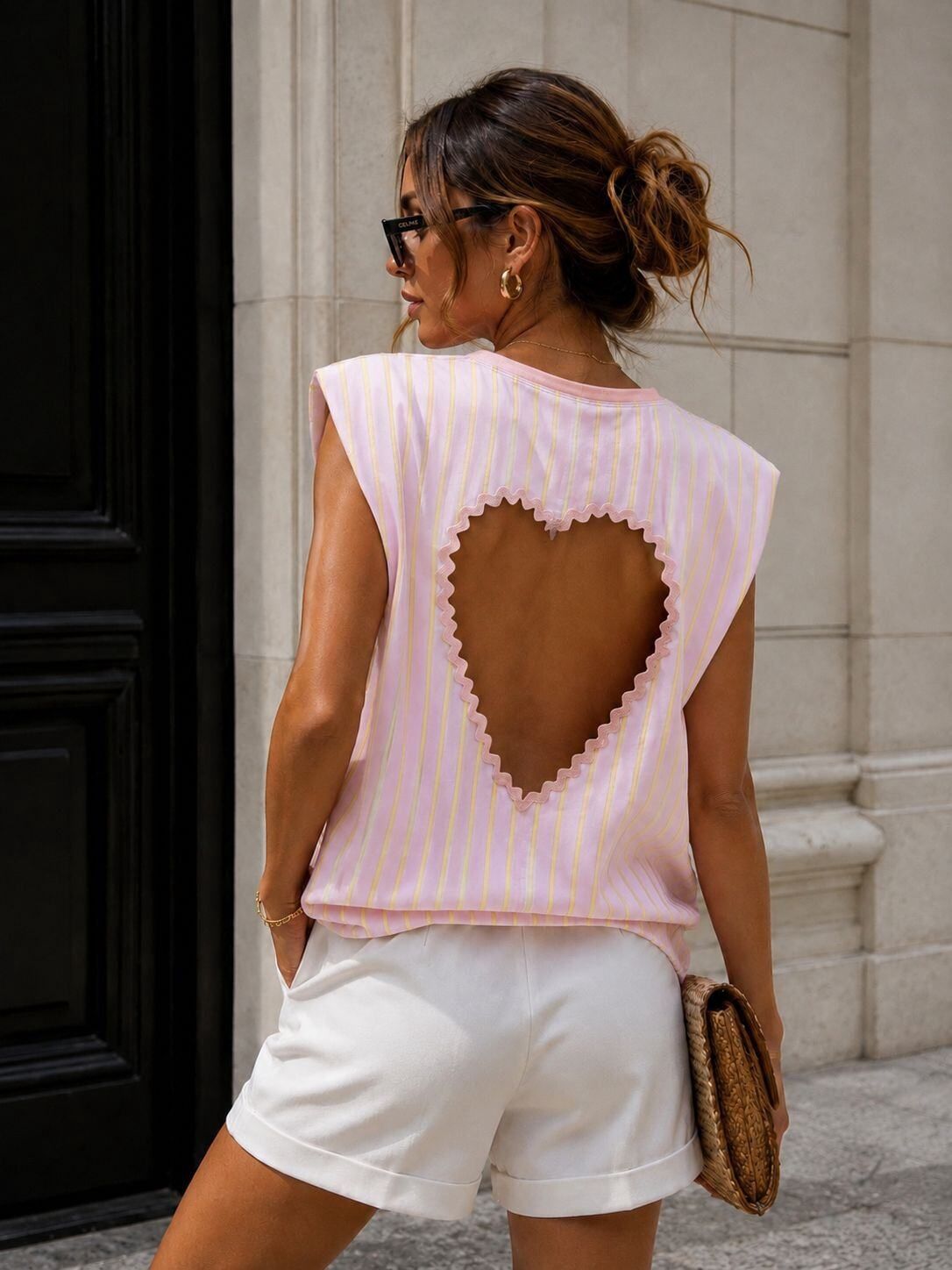 T-Shirt rayé - Dos coeur ajouré, Couleur: Rose, Taille :: S/M