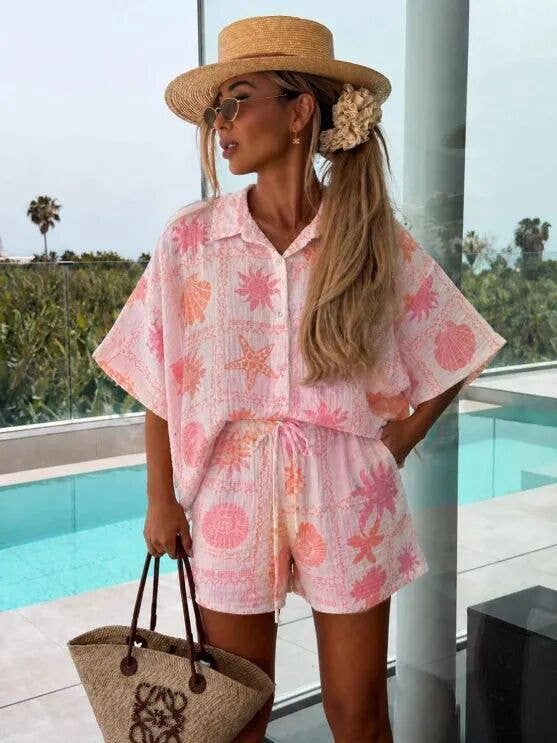 Ensemble Gaze De Coton Imprimé, Couleur: Blush